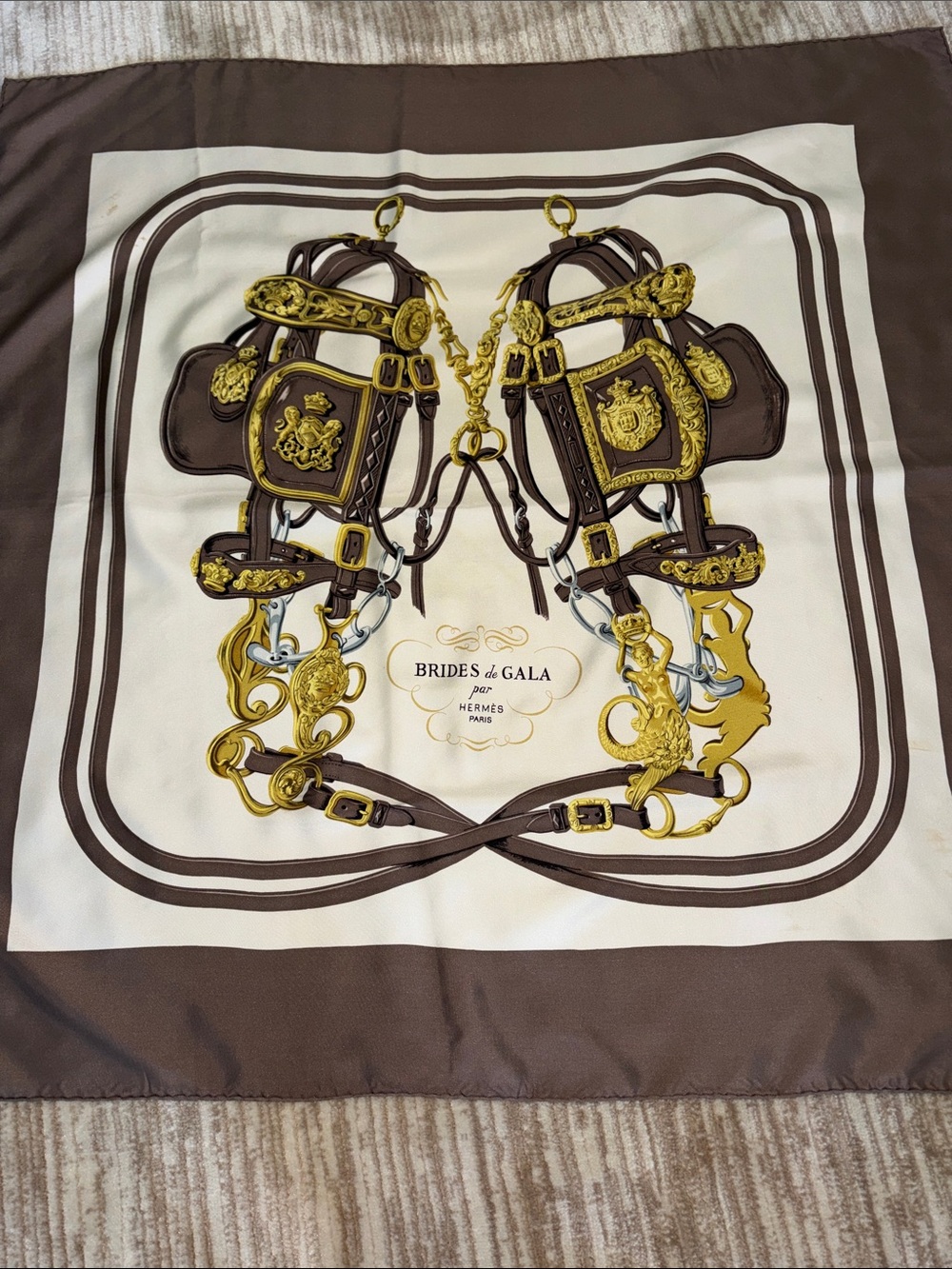 Hermes Brides de Gala Silk Scarf - Brown, Gold & Cream
